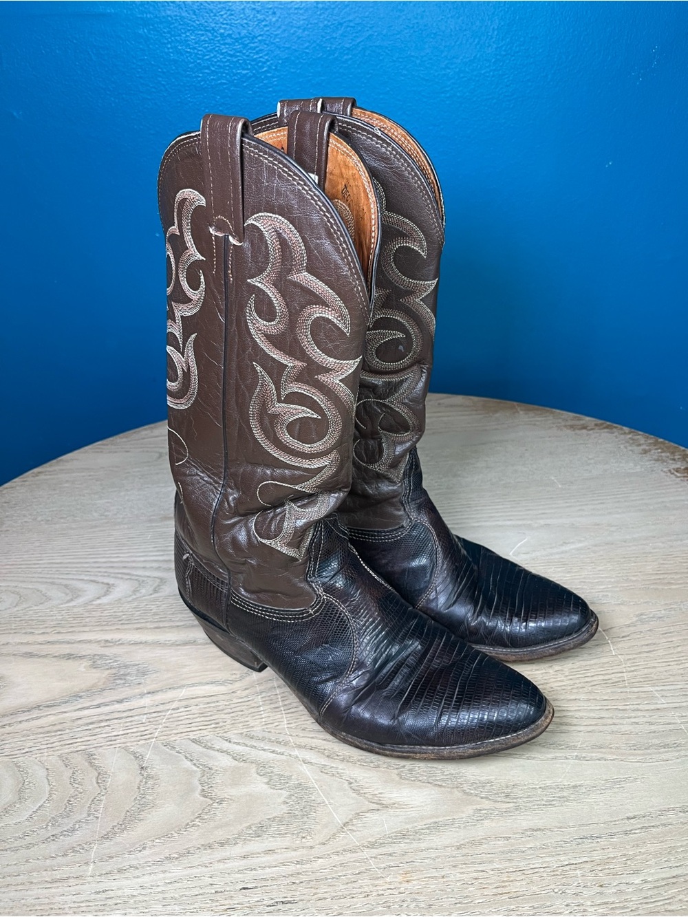 Vintage Nocona Teju Lizard Western Cowboy Boots USA Two Tone Brown Men’s Size 8